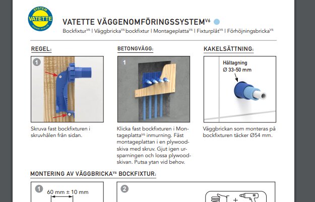 Instruktionsbild för installation av vägggenomföringssystem i betongvägg och regel med måttangivelser.