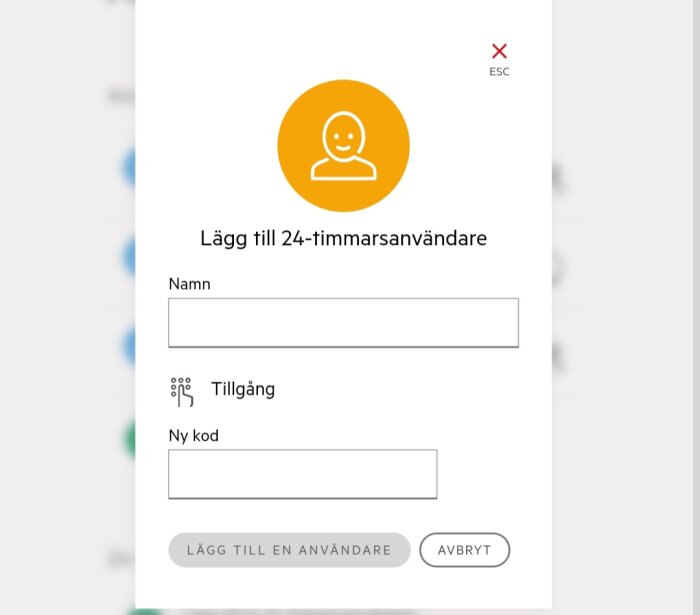 Användargränssnitt för att lägga till 24-timmars användare med namn, tillgång och kod.