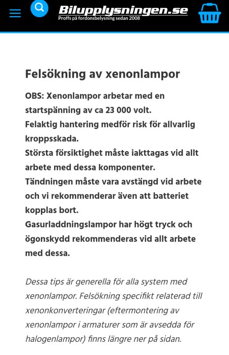 Svensk text om felsökning av xenonlampor, varningar om hög spänning och risker.