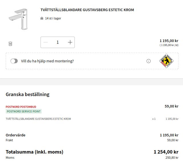 E-handelssida visar kran, beställningsgränssnitt, totalpris inklusive moms och fraktkostnad.