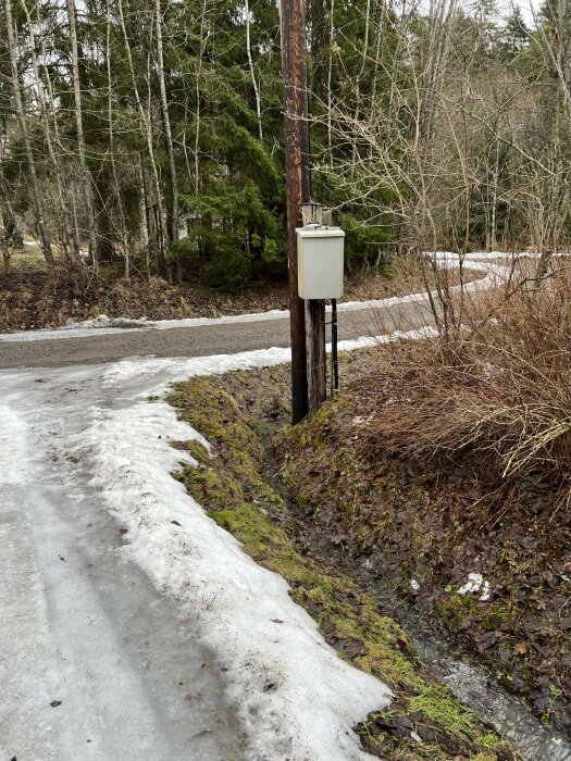 Elledning på stolpe, vägkant med snö, skog i bakgrunden, övergång från vinter till vår.