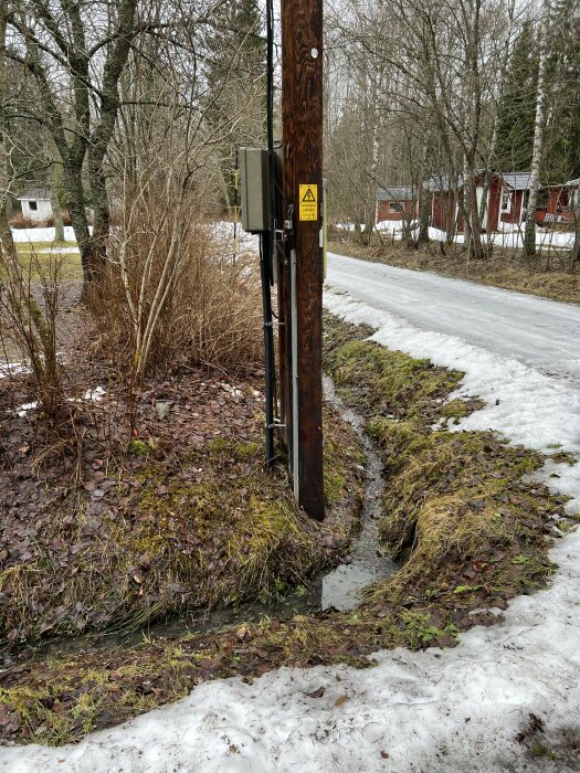 Elstolpe med varningsskylt vid snöig landsväg, vattengrav, skogsmiljö, röda hus i bakgrunden.