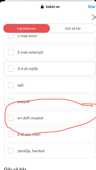 Skärmdump av receptingredienser från hemsida, text boxar, markerat ord med rött.