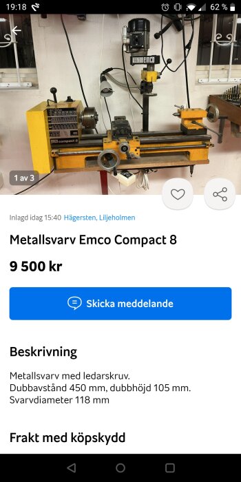 Emco Compact 8 metallsvensk, gul och svart, annonserad för försäljning, verkstadsutrustning, med beskrivning och pris.