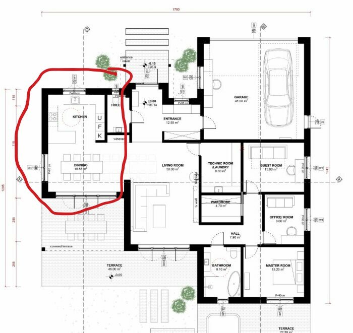Arkitektonisk ritning, planlösning, inkretsat kök och matplats, enfamiljshus, möblerad layout, terrasser.