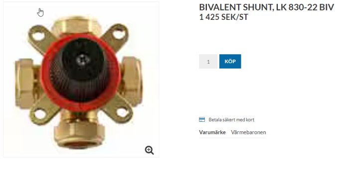 Guldfärgad bivalent shuntventil med svart mitten och produktinformation; pris i SEK angivet till höger.