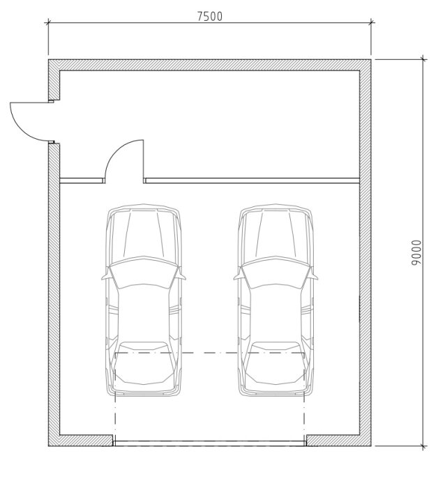 Arkitektonisk ritning av en dubbelgarage planlösning med två bilar parkerade inuti, inklusive dimensioner.