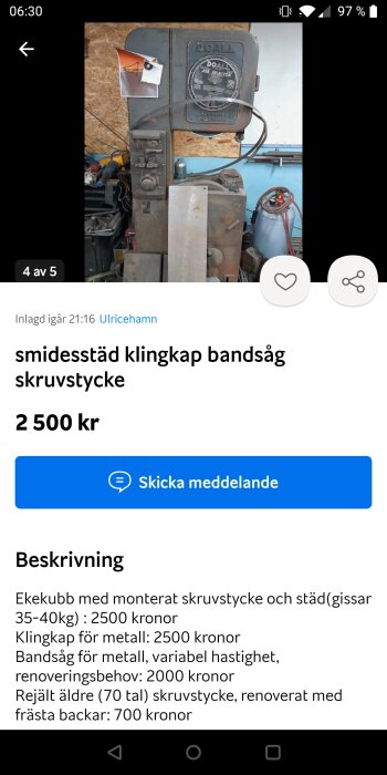 Annonssida med bild på äldre bandsåg till salu, samt text med pris och beskrivningar av verktyg.