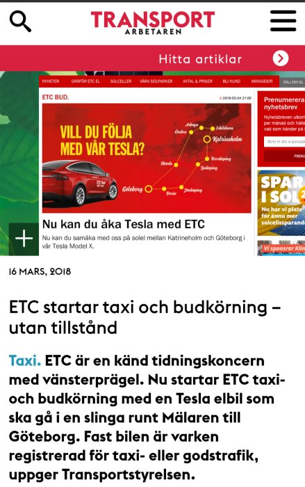 Webbsida för Transportarbetaren, artikel om ETC's olicensierad taxiverksamhet med en Tesla.