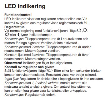 Svensk text om LED-indikering och funktionskontroll för en regulator eller omkopplare med olika ljussignaler.