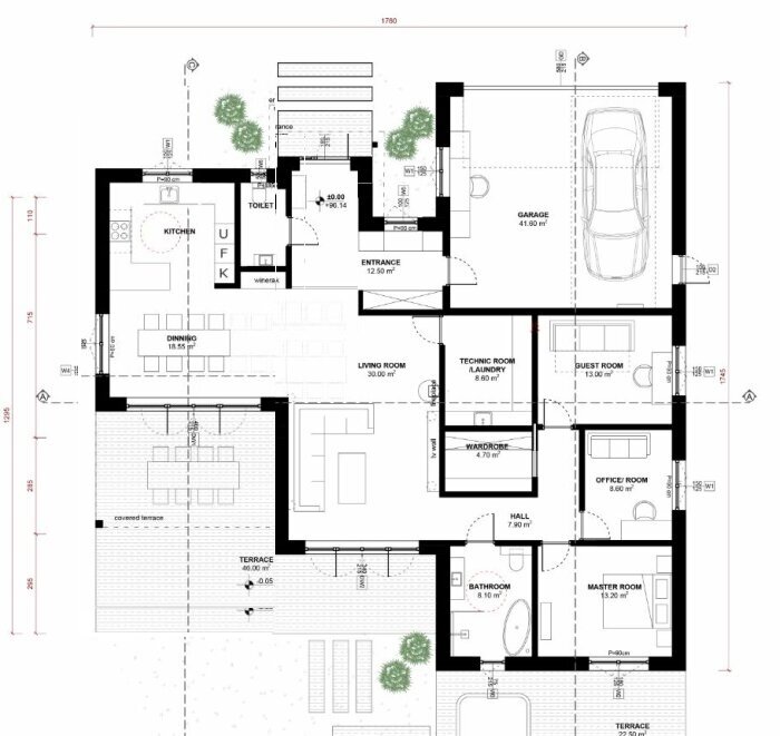 Arkitektritning av ett hus, visar planlösning med rum, möblering och måttangivelser. Terrass och garage inkluderat.