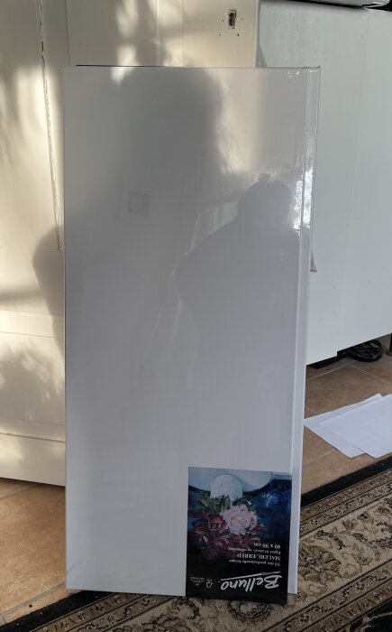 Transparent plexiglasskiva lutad mot vägg med reflexion, skuggor och en affisch på nedre delen.