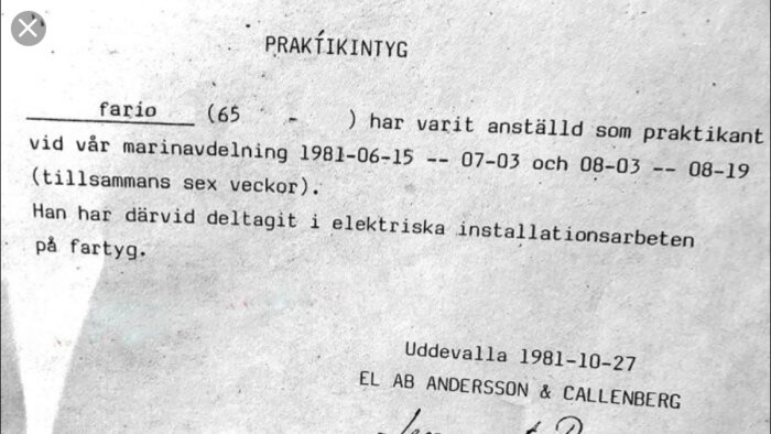 Skrivmaskinstext, praktikintyg, elektriska installationsarbeten, fartyg, datum, Uddevalla.