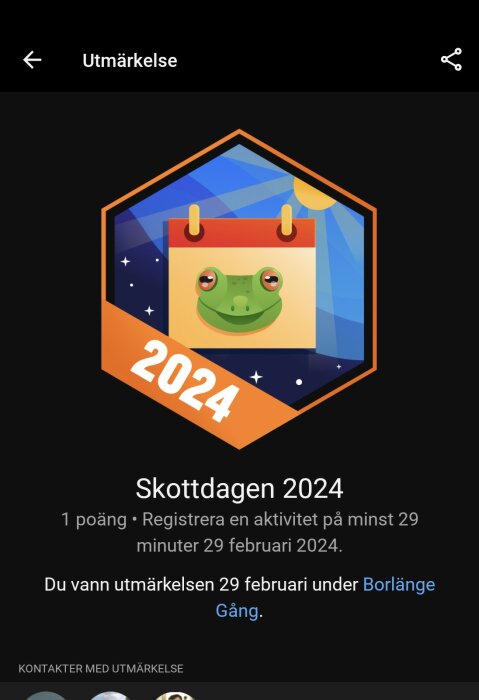 Digital utmärkelse med groda, kalender, 2024 text, relaterad till skottdagen och fysisk aktivitet.