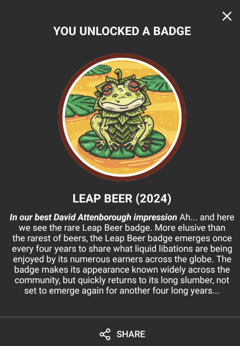 Bild på en virtuell bedrift, "LEAP BEER (2024)", som parodierar David Attenboroughs stil, med tecknad groda och blad.