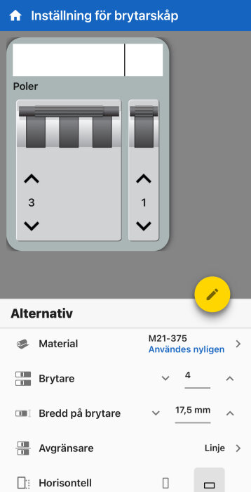 Mobilapp för elskåpskonfiguration med symboler för poler och inställningsalternativ som material och brytare.