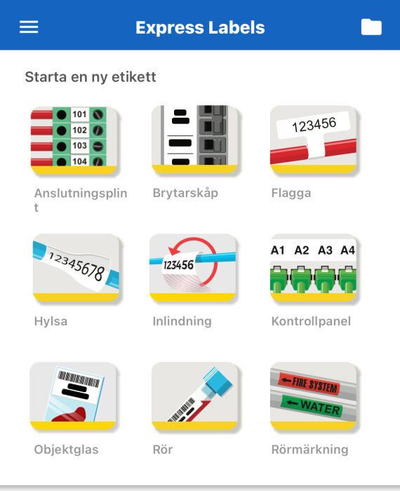 Applikationsgränssnitt med ikoner för skapande av etiketter för anslutningsplint, brytarskåp, flagga och andra objekt.