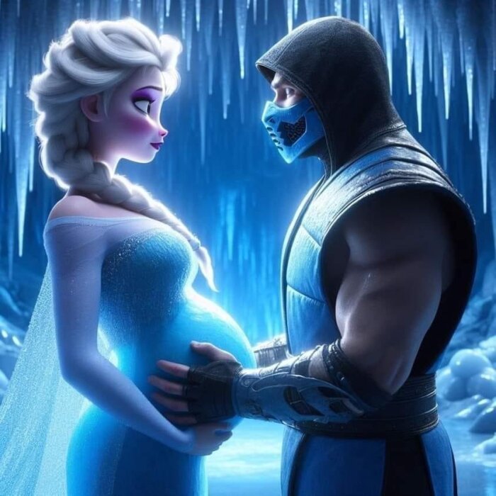 Animerade karaktärer Elsa och Sub-Zero står ansikte mot ansikte i en isig omgivning.