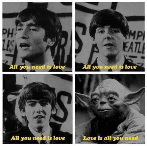 Collage av fyra bilder med tre människor och en Yoda-figur, text "All you need is love" och "Love is all you need