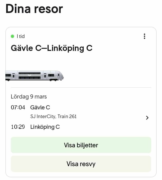 Skärmdump av mobilapplikation som visar tågresan Gävle till Linköping i tid.