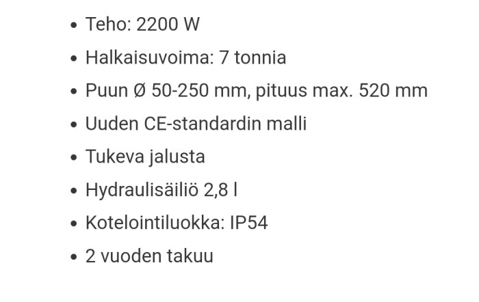 Specifikationer för en ny vedklyv på vit bakgrund: effekt, kapacitet, modellstandarder och garantitid.