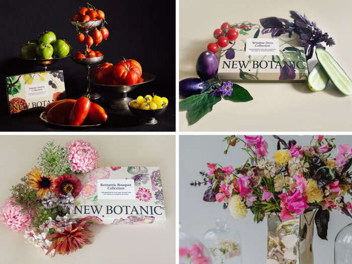 Fyra collagebilder med frukter, grönsaker, blommor och förpackningar, designade för att efterlikna naturligt arrangemang.