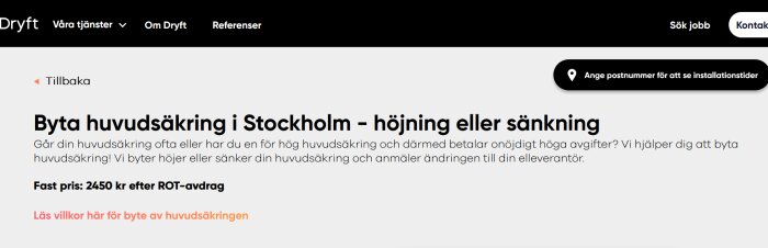 Webbsida om tjänsten för att byta huvudsäkring i Stockholm, erbjuder fast pris och ROT-avdrag.