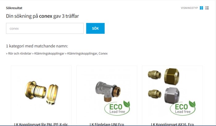 Webbsida visar resultat för "conex", tre rörkopplingar, två märkta "ECO Lead free".
