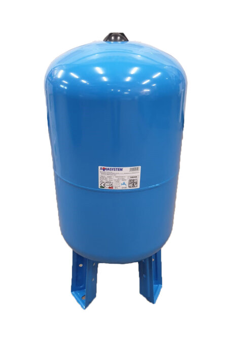 Blå hydrofor vattentank med ben och informationsetikett.