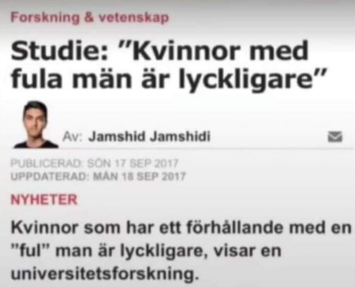 Skärmdump av nyhetsartikel med titel "Kvinnor med fula män är lyckligare" och författarens namn.