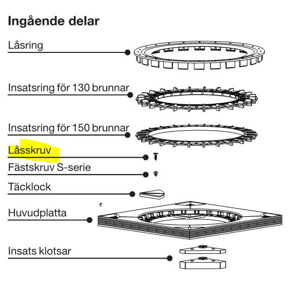 Exploded view illustration of a drain assembly highlighting the 'låsskruv' component.