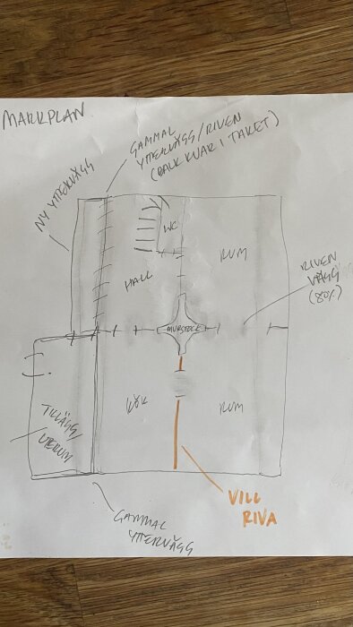 Skiss av markplan, handritad, återspeglar ombyggnadsplaner med anteckningar, viss rivning önskad.