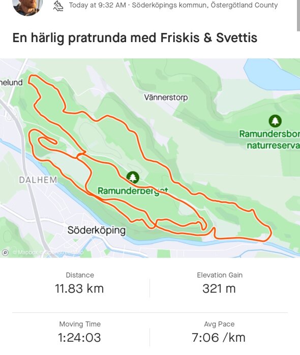Kartskärmklipp som visar en 11,83 km lång löprunda runt Ramunderberget med statistik för tid och tempo.