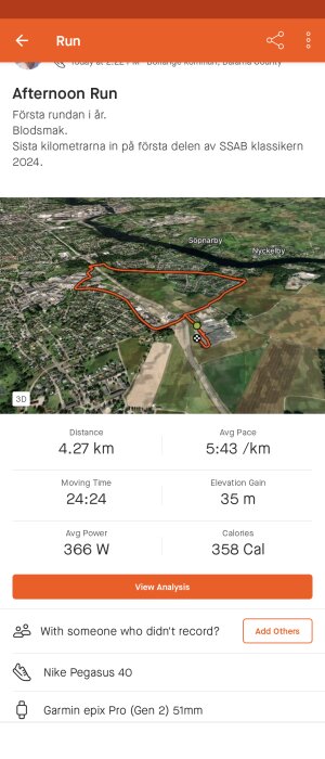 Skärmdump av löparapp med karta över 4,27 km löprunda och statistik som visar tempo och kaloriförbrukning.