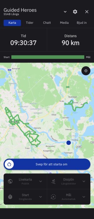 Skärmdump av en GPS-app som visar karta och distans på 90 km för ett längre löppass.