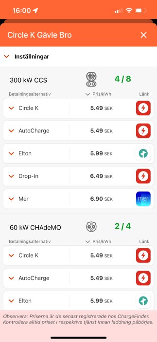 Skärmdump av elbilsladdningsalternativ och priser per kWh vid Circle K Gävle Bro, inklusive CCS och CHAdeMO anslutningar.