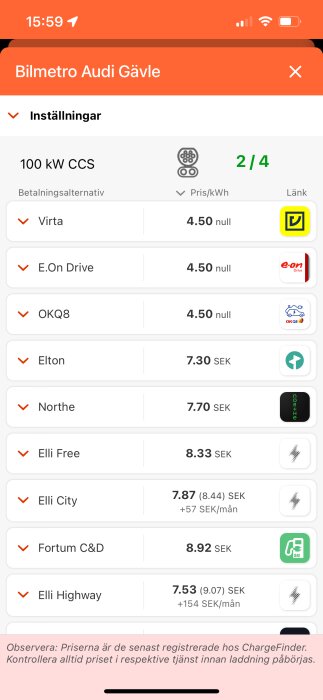 Skärmdump som visar elbilsladdningsalternativ och priser på olika stationer i Gävle.