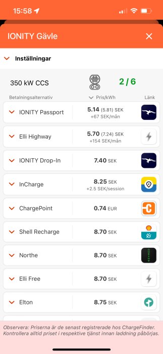 Skärmdump av laddstationer i Gävle med priser och abonnemangsalternativ från en app.