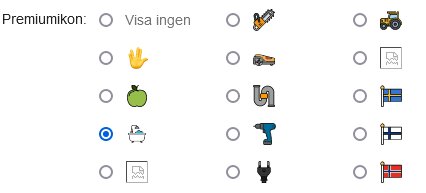 Gränssnitt med ikoner för olika verktyg och objekt, inklusive en grön äppelikon och en gul "peace"-handgest.