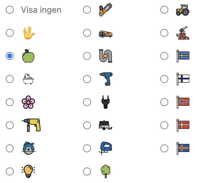 En bild med ikoner av byggverktyg och objekt tillsammans med flervalsalternativ, blomman och vedkubben visas.