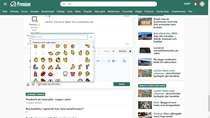 Skärmdump av en emoji-tangentbord på en diskussionsforumssida med vissa emojis som visas som rutor.