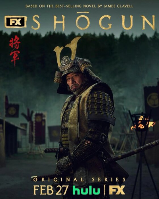 Affisch för TV-serien Shogun med en samuraj i rustning framför mörk skogsbakgrund och texten "FEB 27 hulu FX".