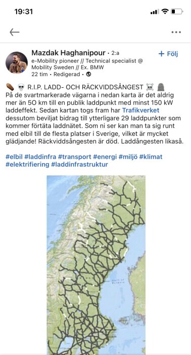 Karta över Sverige som visar täckningen av publika laddpunkter för elbilar.