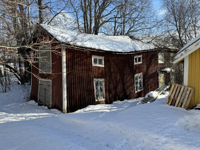 Snötäckt röd stuga med vita knutar och fönster under en klar vinterdag.