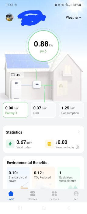 Skärmbild av en energihanteringsapp med solenergiproduktion, elförbrukning och miljöfördelar för hemmet.