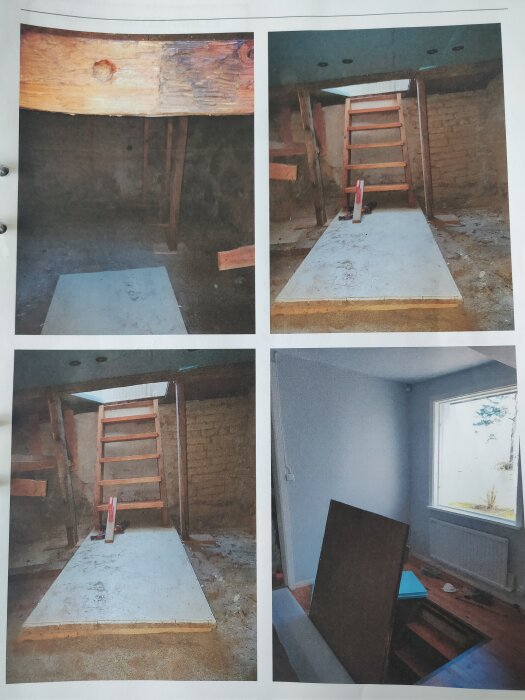 Fyra bilder som dokumenterar olika steg i installationen av en trappa till en vind eller källare.