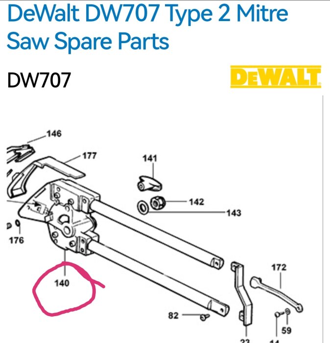 Exploded diagram of DeWalt DW707 mitre saw with focus on lower arm part number 140, suggesting a repair query.