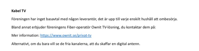 Skärmbild av ett informationsdokument om kabel-TV från en bostadsförening.