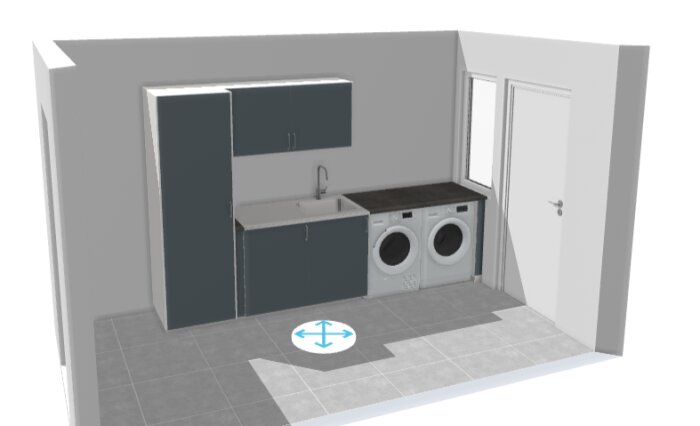 3D-renderad tvättstuga med skåp, bänk, handfat, tvättmaskin, torktumlare och dörr.