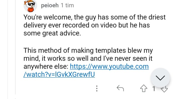 Skärmdump av ett foruminlägg med feedback på en byggvideo och länk till YouTube.
